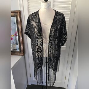 Black Lace Fringe Kimono Sheer Boho Layering Top